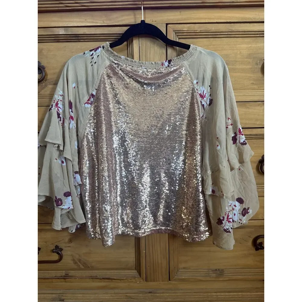 Free People Shimmy Shake Floral Sequin Top‎ In Champagne XS